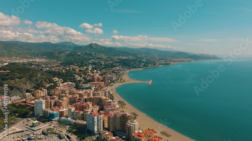 Aerial Drone Footage of Playa de la Malagueta Beach and Malaga Coastline, Andalusia, Spain
