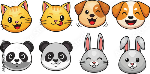 Cute cartoon animal faces including cats dogs pandas and rabbits isolated on transparent background