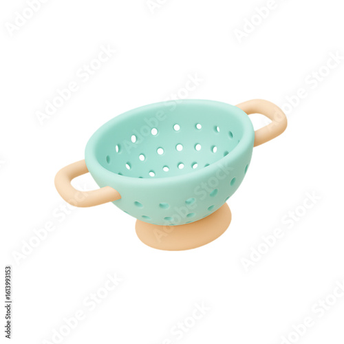 Cute mint green colander with peach handles isolated on transparent background