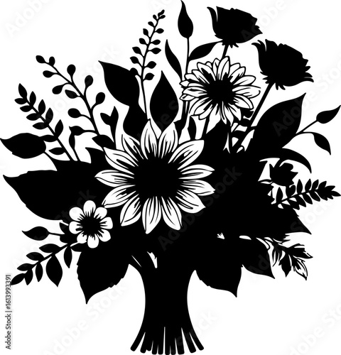 Stunning black and white silhouette of a lush floral bouquet with a mix of detailed and solid flowers, perfect for elegant wedding and decorative designs, invitations, and logos.
