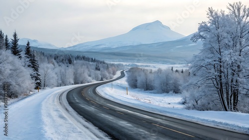Scenic Winter Road Through Snowy Landscape with Mountain Views and Ice-Covered Trees for Visual Content.