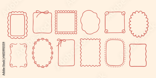 Border scalloped frame with curly wavy and oval ribbon elements in blush tones. Dot bow square sketch with delicate design for soft layout. Perfect for girly tags or note templates.