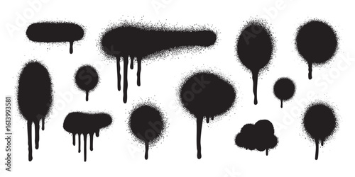 Graffiti spray splatter in grunge drip stencil and black ink style. Urban tag paint with messy blob texture for bold compositions. Great for street art or alternative poster design.