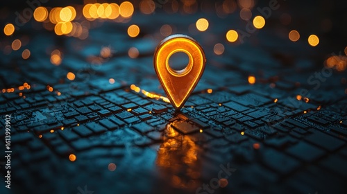 Glowing Location Marker on a Dark Cityscape