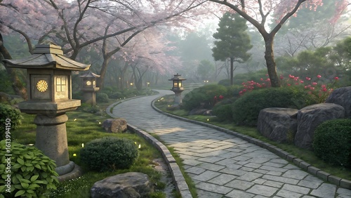 Serene Garden Path: Tranquil walkway winding through blossoming trees, illuminated stone lanterns creating a peaceful atmosphere in a lush landscape.