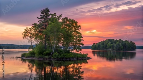 Serene lake landscape at twilight featuring a small island with trees reflecting in calm water under a colorful sky.