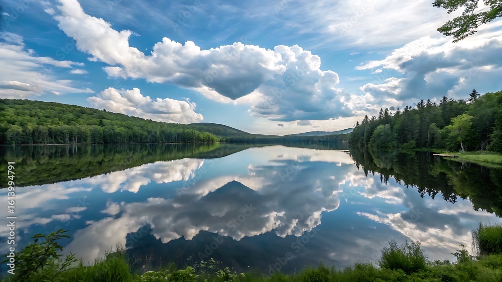 Obraz premium Serene lake scene featuring reflections of blue sky, fluffy clouds, and lush green mountains on the calm water surface.