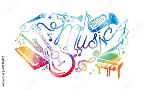 Abstract Music colorful. Many musical instruments. hand drawn. Not AI, Vector illustration
