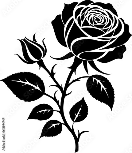 Romantic black and white rose illustration, a silhouette of a blooming rose and a bud on a thorny stem with leaves. Perfect for elegant, botanical, and love-themed designs.