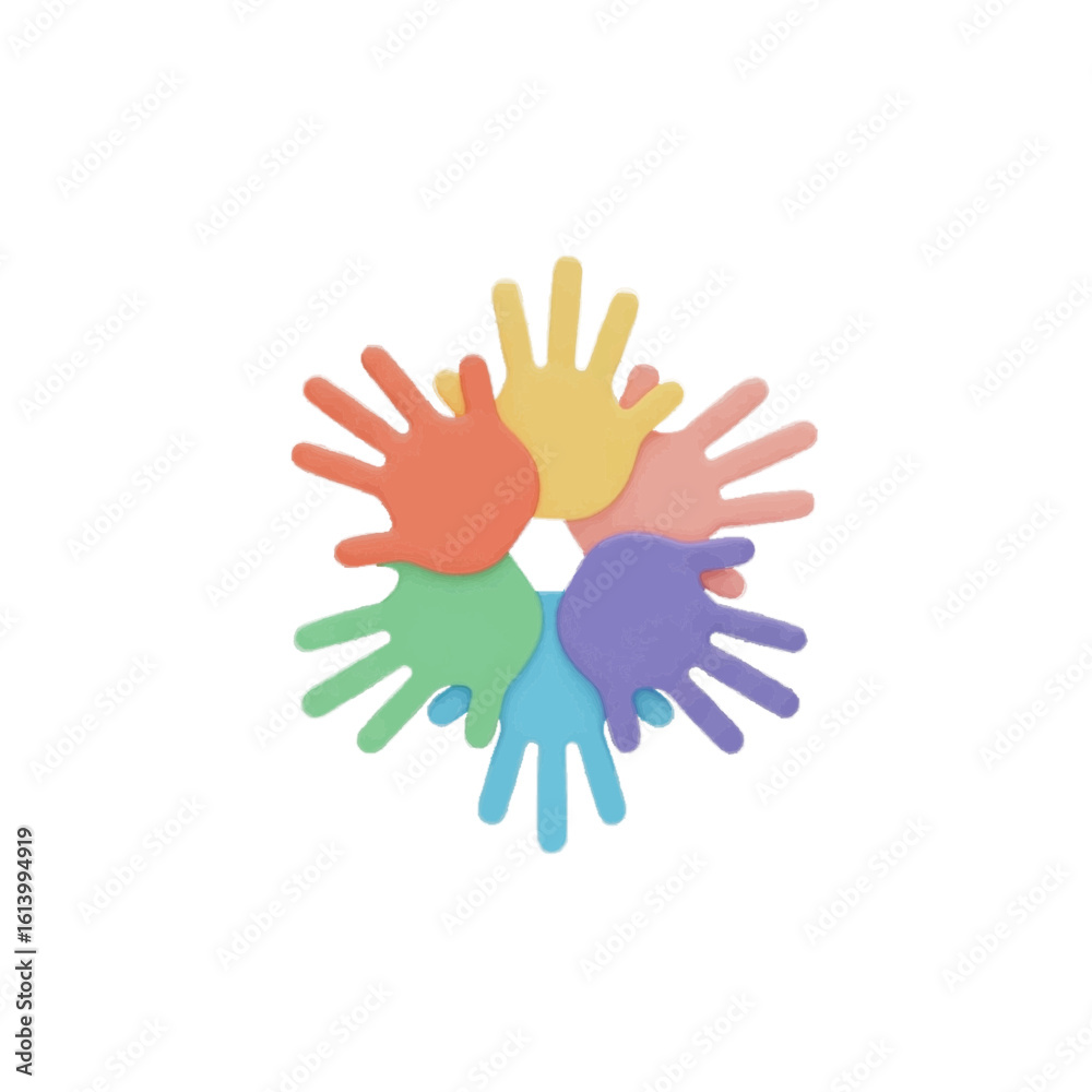 Fototapeta premium Colorful hands joined in a circle symbolize diversity, unity, and teamwork. 3D illustration of community and inclusion concept.