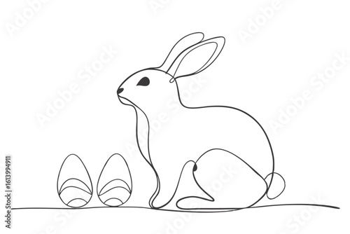 Spring Holiday Bunny and Eggs in Line Art Vector Style