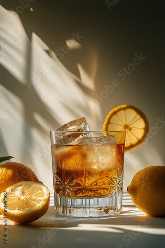 Refreshing Drink With Lemon Slices and Ice Set in a Sunlit Space