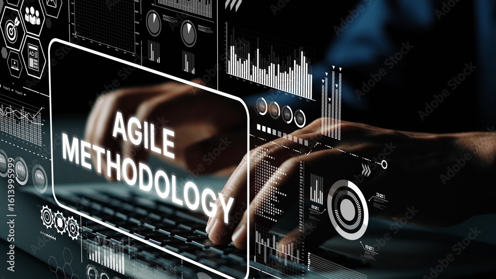 Obraz premium Innovative Agile Methodology Concept with Graphic Data Visualizations and Keyboard Interaction in Modern Workspace. Asymptotic smart data analytic.