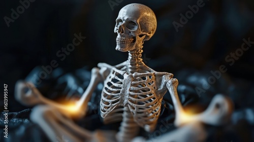 A human skeleton sits with arms outstretched against a dark, blurred background, with glowing light at the elbows.