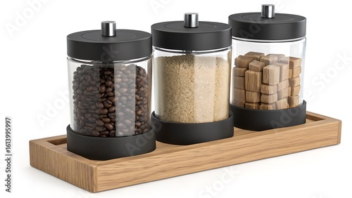 Stylish glass jars with black lids filled with coffee beans, sugar, and wooden cubes on a wooden tray.