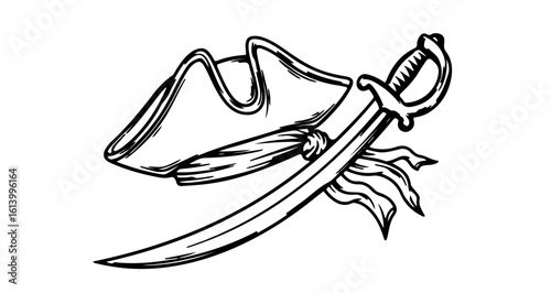 Pirate hat and sword illustration, pirate costume, pirate theme party, pirate adventure, pirate ship, treasure hunt