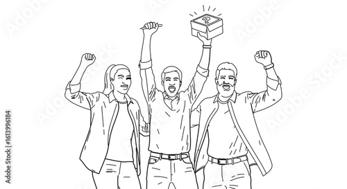 Group of people celebrating mystery box win prize drawing contest achievement success teamwork and excitement