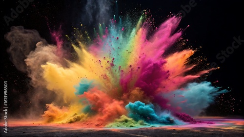 Vibrant and Expressive Burst of Colorful Pigments Creates an Abstract Explosion of Energy on a Dark Backdrop.