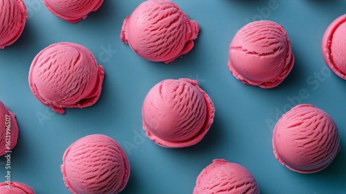 Colorful Pink Ice Cream Scoops Arranged on a Blue Background for a Delightful...