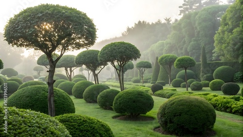 Tranquil green garden featuring rounded topiary trees in fog, a peaceful landscape for relaxation and nature appreciation.