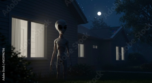 Extraterrestrial visitor in suburban neighborhood at night