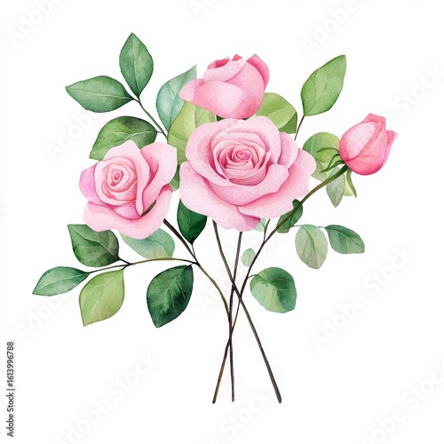 A bouquet of pink roses, botanical illustration, watercolor art, light pink and green hues, isolated on white background