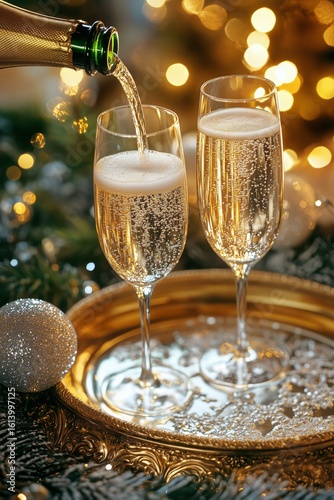 Festive Champagne Pouring Into Flutes During Holiday Celebration With Sparkli...