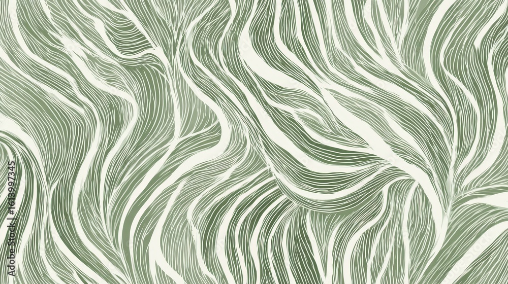 Green wavy lines intertwining, generating organic abstract pattern, suggesting natural texture and fluid design potential for graphic projects