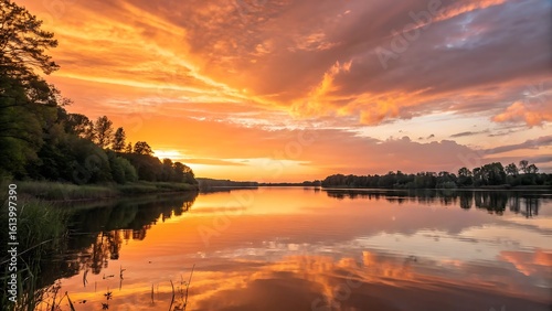 Dramatic sunset over serene lake reflecting colorful sky and surrounding trees creating a picturesque nature scene