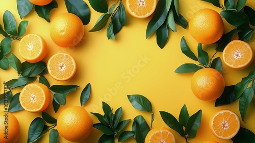 Fresh Oranges Arranged With Green Leaves on Bright Yellow Background for Vibr...