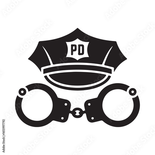 A police hat with pd logo and handcuffs in black and white illustration