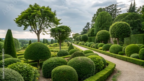 Beautiful formal garden with geometrically shaped trees and shrubs, a serene natural landscape of green foliage.