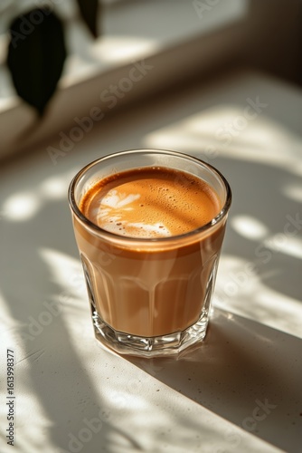 Warm Cup of Coffee on a Sunny Windowsill With Soft Shadows in the Background