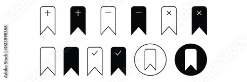 Bookmark icon set with tick cross plus minus mark symbol design in black outline and filled style vector illustration.