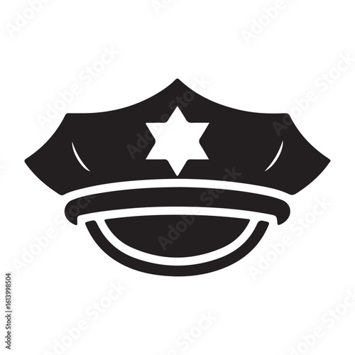 A black and white graphic illustration of a police style hat with star