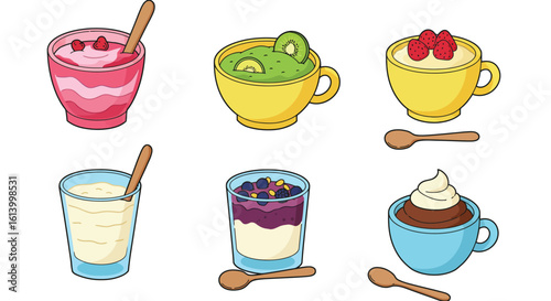 Variety of colorful desserts in mugs and glasses with wooden spoons