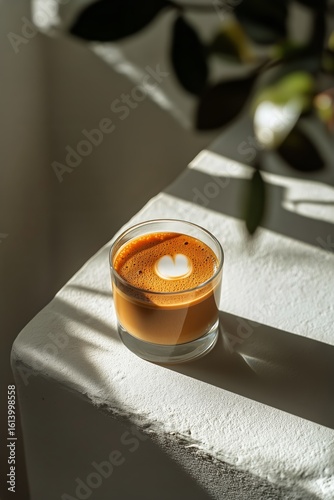 Warm Coffee in Clear Glass Sits on Table Catching Morning Sunlight and Shadows.