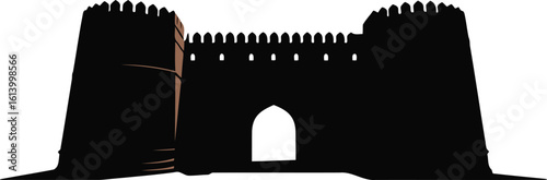 Silhouette of a Fortified Gatehouse Entrance with Battlements and Towers Against Transparent