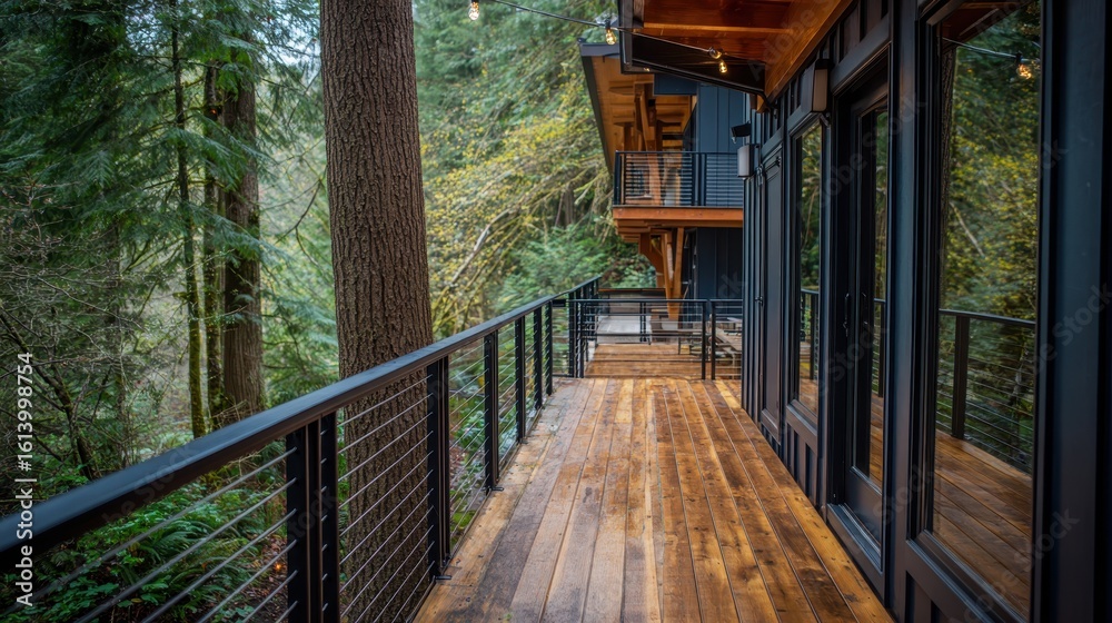 Fototapeta premium Long wooden terrace with cable railing overlooking a lush forest, attached to a modern house with large windows reflecting the surrounding nature