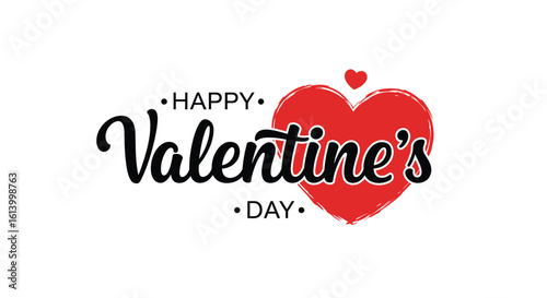 Happy Valentines Day greeting card with red heart illustration and calligraphy text
