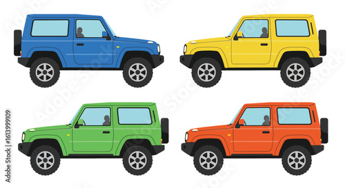 Four colorful off road vehicles in blue yellow green and orange