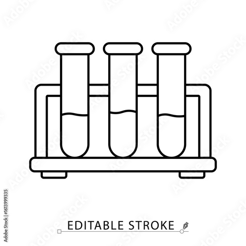 Test tubes rack icon in editable stroke. Outline vector of three laboratory test tubes in holder. Chemical glassware for experiments, diagnostics, and scientific research in lab environment.