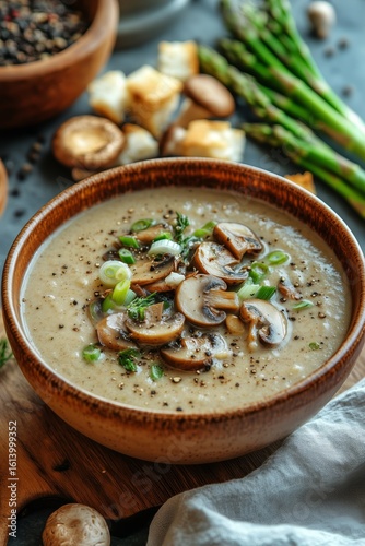 Creamy Mushroom Soup Served With Bread and Spices in a Rustic Kitchen Setting.