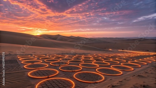 Dramatic Sunset Over Sandy Desert Landscape Featuring Glowing Circle Installations for Creative Projects.