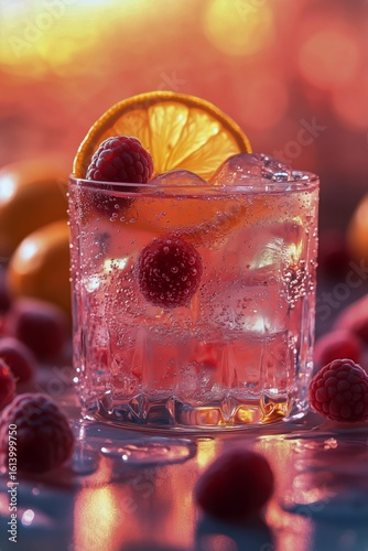 Refreshing Cocktail With Raspberries and Oranges at Sunset by the Beach
