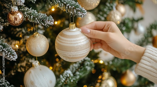 Decorating a Christmas Tree With Golden Ornaments in a Cozy Indoor Setting