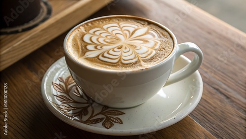 Elegant Cup of Coffee with Floral Latte Art on a Wooden Table, Perfect for Morning Relaxation.