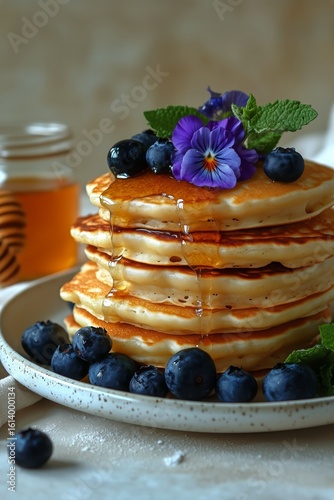 Delicious Stack of Fluffy Pancakes With Blueberries and Flowers on a White Pl...