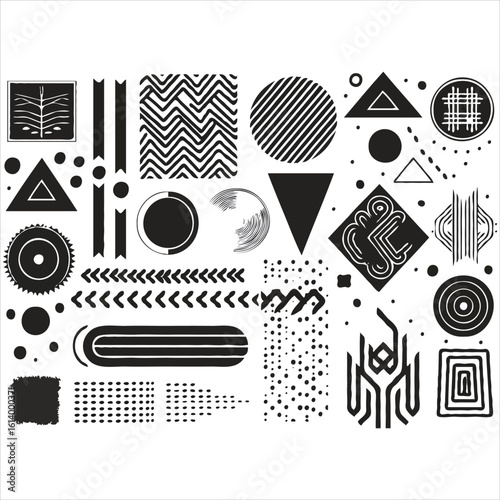A Collection of Black and White Geometric and Abstract Shapes A Study in Contrasting Patterns and Forms A Diverse Visual Composition of Artistic Elements