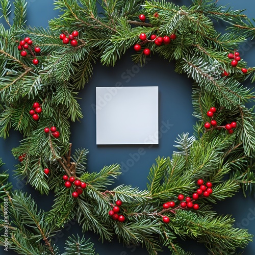 Festive Wreath With Empty Card Surrounded by Pinecones and Berries on Dark Ba...
